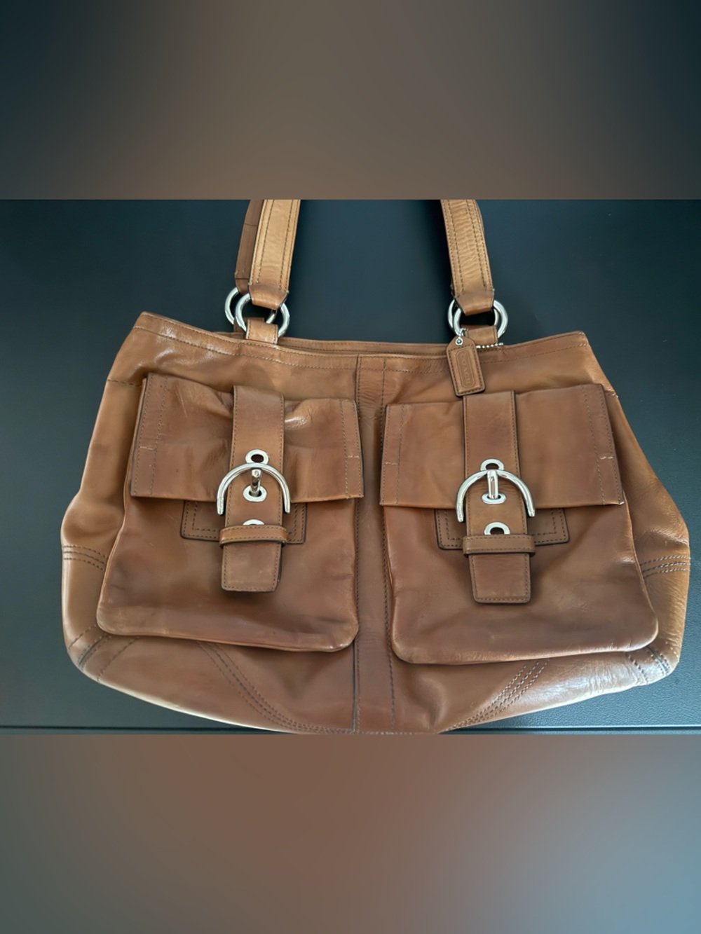 Coach Brown Leather Double Buckle Satchel with Silver Hardware
